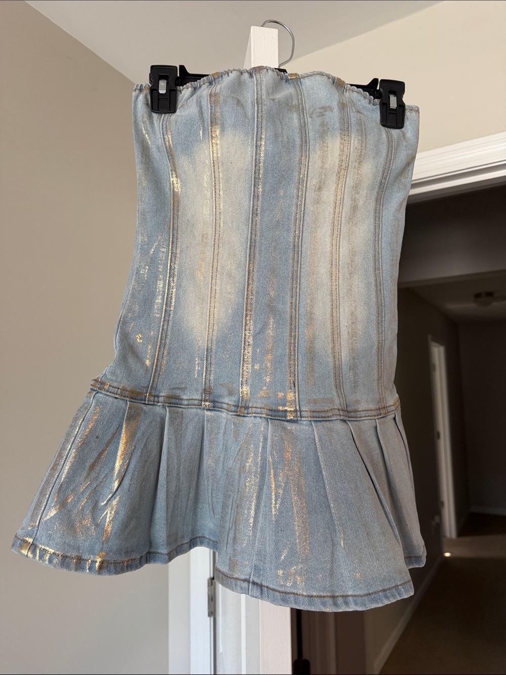PrettyLittleThing Light Blue Denim Dress with Gold Shine